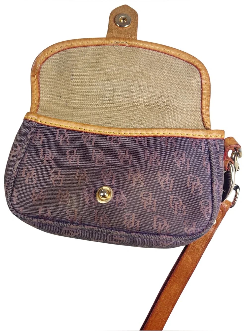 Dooney & Bourke Vintage Brown Fabric Monogram Wristlet with Tan Leather Trim